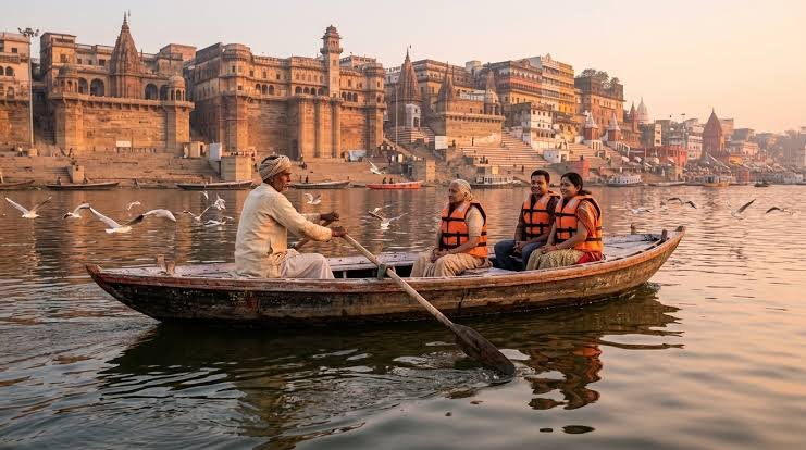 Seniors on a gentle morning boat ride on the Ganges at Varanasi